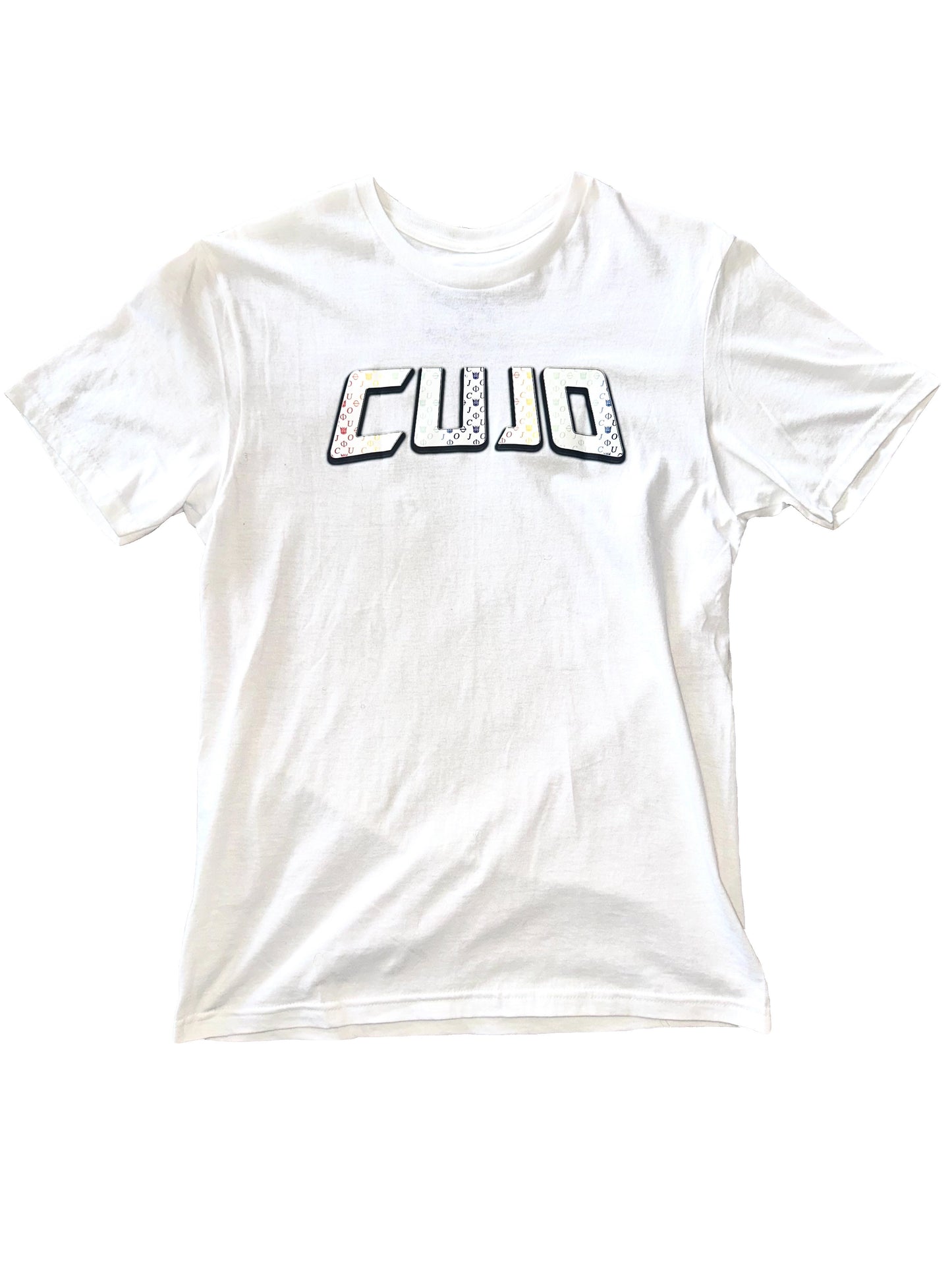 Cujo Rainbow Pattern Bejeweled Phi White Tee